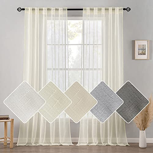 MIULEE Vorhang Gardinen Leinenvorhang Transparent Schiebevorhänge Voile Sheer Halbtransparent Wohnzimmer Fensterschal Lichtdurchlässig Schlafzimmer Schlaufenschal 2er Set 140x225cm (B x H) Milch Weiß