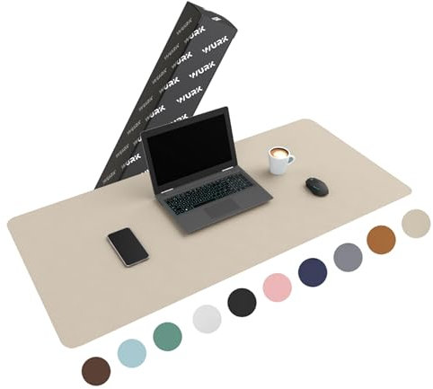 WURK Schreibtischunterlage [120 cm x 60 cm] - Premium Qualität - Mauspad - Große Schreibunterlage - Mauspad XXL - Rutschfeste Unterlagenmatte - Desk Mat - PU Leder Inklusive Kabelclip (Beige)