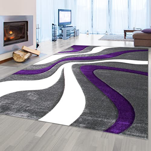Wellenmuster Designer Teppich | lila grau weiß | pflegeleicht & strapazierfähig, 160 x 230 cm