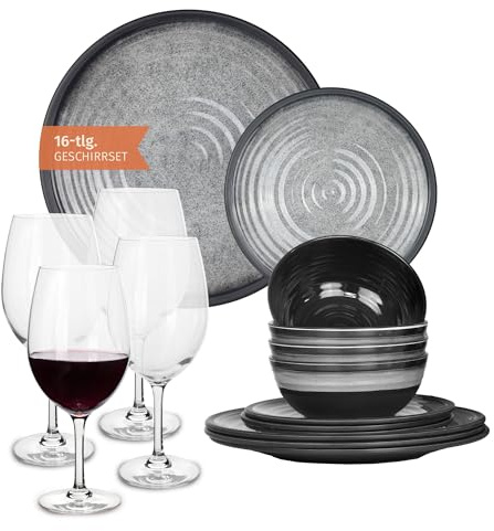 Melamin Camping Geschirr Set 4 Personen Stone Grey + 4 Timo Rotwein Gläser Rot Weingläser Tafelgeschirr Picknick BBQ Kochgeschirr