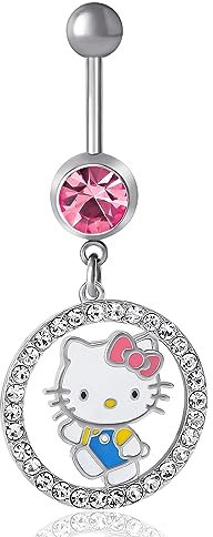 Hello Kitty Hello Kitty Sanrio Bauchnabelring für Damen, 14 g, Edelstahl, offizieller Lizenzprodukt, Körperschmuck, Edelstahl, Kristall
