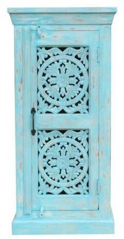 Indische Kommode Kleiner Schrank aus Mangoholz mit Schnitzerei Orientale Einrichtung Blau Blauwash 107cm