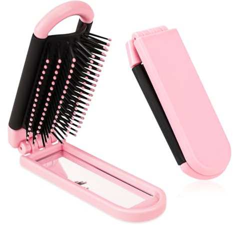 Mozeat Lens Reise Haarbürste mit Spiegel Rosa Klapp Haarbürste Mini Haarbürste Pocket Massagekamm Kompakte Haarbürste Haar-Styling-Werkzeuge für Frauen Mädchen