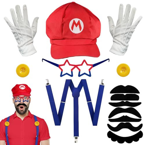 BARVERE Super Kostüm, Cosplay Kostüm mit Mütze, Handschuhen, Schnurrbart, Knöpfen, Rote Filzbrille und Trageriemen, Knöpfen als Kostüm für Fasching & Karneval
