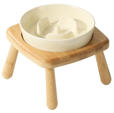 Havniva Ceramic Slow Dog Feeder Bowl for Small Dogs - Prevents Bloat and Choking (Cream White With Chair Stand, 15.5cm)