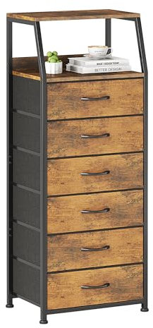 CAIYUN Chest of Drawers Bedroom with 6 Drawers, Tall Fabric Dresser with Shelf, Fabric Dresser for Entryway Hallway Living Room, Closet Storage Drawer, Rustic Brown