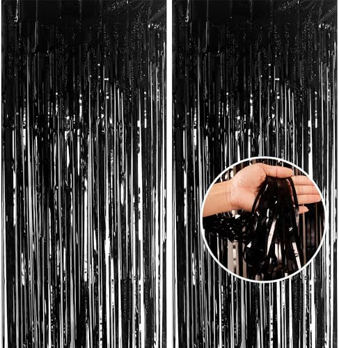 2pcs 3.2 x 8.3ft Glitter Black Tinsel Foil Fringe Curtain Door Tinsel Curtain Streamers Party Curtain Photo Banner Decorations for Birthday School Graduation Hen Party Decorations Black