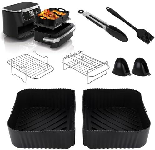 HOMELYLIFE Air Fryer Accessories 8 Pcs AF500UK, Dual Air Fryer Accessories for Ninja Foodi FlexDrawer AF500UK AF500UKCP 10.4L, Ninja Flexi Drawer Air Fryer Reusable Liners Racks