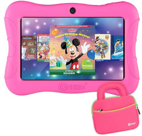 Contixo Tablette 7 enfants - Tablette Android V9 et housse avec plus de 50 livres d'histoires et autocollants Disney (valeur de 200 $), 32 Go, double caméra, contrôle parental, parfait pour la rentrée