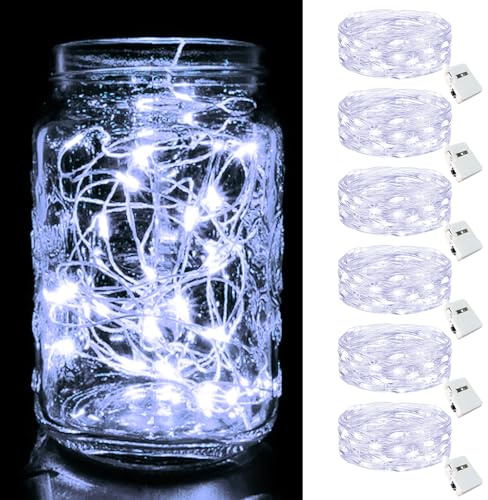 btfarm 6 Pack LED Fairy Lights Battery Operated, 2M 20LED Small String Lights, Waterproof Mini Silver Wire Bedroom Twinkle Light Indoor Outdoor for Jars, Christmas, Wedding - Cool White