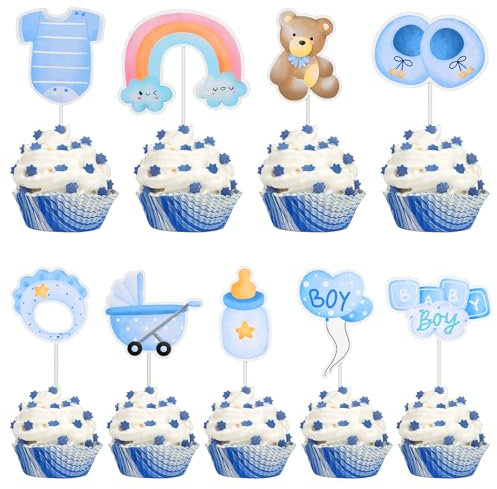 Yuanchu 36 Stück Cupcake Topper Baby,Babyparty Tortendeko Taufe Tortendeko Baby Shower Tortendeko Gender Reveal Party Deko für Taufe Deko Baby Shower Babyparty(Junge)