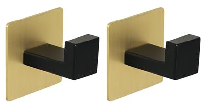 Mooche 2 Stück 304 Edelstahl Kleiderhaken, 5,5cm Garderobenhaken Wand Doppelhaken Handtuchhaken, 2 Befestigungsmöglichkeiten - Kleben oder gebohrt, Gold-schwarz