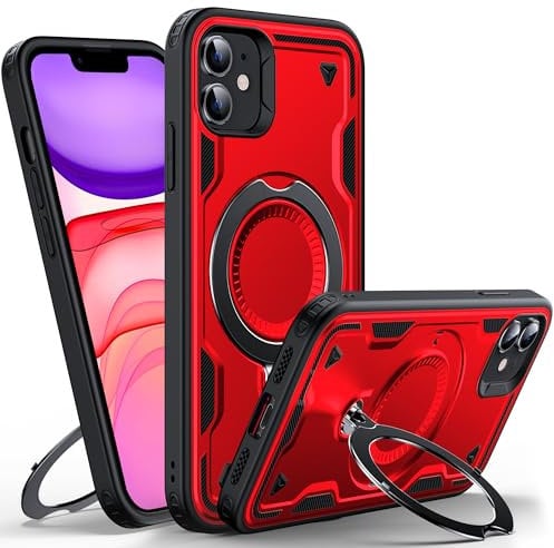WYUIC für iPhone 11 Hülle mit Rotiertem Ring-Ständer, Militärnorm Schutzhülle Stoßfest Kratzfeste Rückseite Mehrschichtiger Schutz Handyhülle für iPhone 11 6.1, Rot
