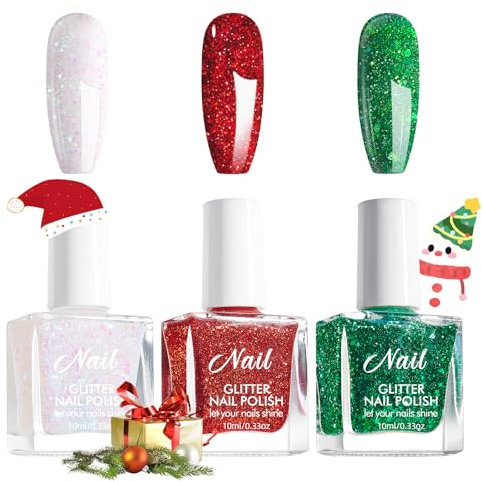 3PCS Weihnachten Nagellack Set - Langanhaltender Nagellack Kit Glitzer Grün Rot Weiß - Schnelltrocknend Nagellack Ungiftig Auf Wasserbasis - kein UV-Nagellack Geschenk für Frauen (Red White Green)