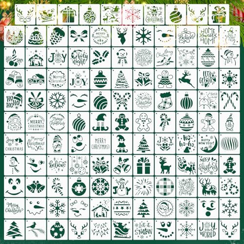 120pcs Pochoirs de Noël, 7,6 x 7,6cm Réutilisables Joyeux Noël Modèles Pochoirs de Vacances pour Peinture Sur Bois Mur Porte Papier Carte Scrapbooking Bricolage Artisanat Décoration