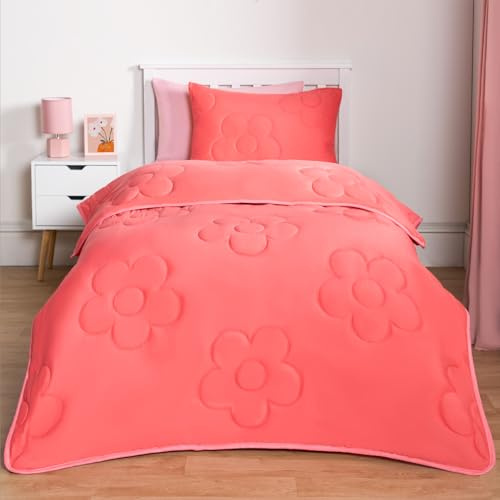 OHS Coverless Duvet Single, 7.5 Tog Reversible Summer Blanket Washable Kids Coverless Duvet Soft Warm Daisy Quilted Comfy Lightweight Camping Blanket Single Duvets with Pillowcase, Coral Pink