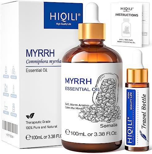 HIQILI Myrrhe Öl 100ml, 100% Reines Myrrhe Ätherisches Öl, Therapeutische Qualität, Duftöle für Diffusor, Bad, Haut & Haarpflege