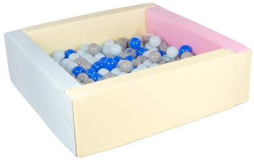 Velinda Piscine à balles carrée avec 200 balles, Cuir écologique, 5 éléments (Couleur de la Piscine/de balles: Rose, Bleu, Jaune (Pastel)/Transparent, Bleu, Gris, Argent, Bleu (Pastel))