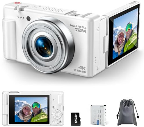 4K 72MP Autofocus Digital Camera for Vlogging YouTube & Photography, 18X Zoom Compact Camera with 64GB TF Card, 2.8 270° Flip Screen, Webcam, Battery, for Teens Adults Beginners