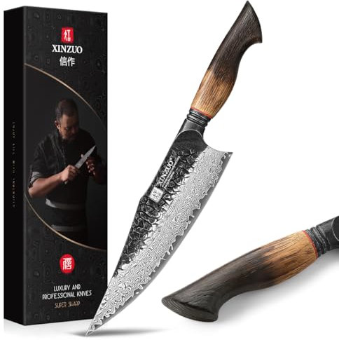 XINZUO 21,9cm Cuchillo de Cocinero 67 Capas de Acero Damasco Afilado Cuchillo de Chef de Cocina Profesional Acero 10Cr15CoMoV -Mango de Roble Blanco y G10 Rojo -con Caja de Regalo