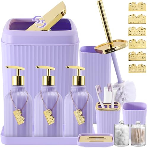 WSBArt 17PCS Bathroom Accessory Set Bathroom Set Purple Bathroom Accessories,Toilet Brush, Trash Can, Qtip Holder Dispenser& 3PCS Soap Dispenser