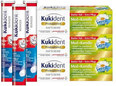 Kukident Aktiv Plus 3x33 Tabs & Haftcreme Med + Kamille 3x40g – Pflegeset mit sanfter Reinigung & natürlichem Halt durch Kamille – besonders geeignet für sensible Zahnprothesen