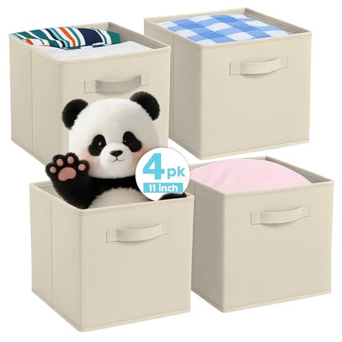 Pinkgarden Storage Box, Collapsible Fabric Storage Cube with Handles for Home, Kids Room, Closet and Toy Organization,Pack of 4, 26.7 x 26.7 x 27.9 cm, Beige