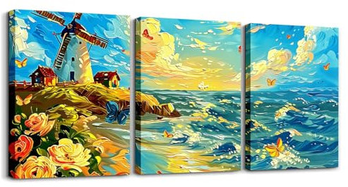 Homewish Leinwand Bilder Ozean Küsten Leinwandbild Bilder Wildblumen Schmetterlings Wandgemälde Rustikale Landhaus Bild Auf Leinwand Ästhetische Blumen Wand Deko für Schlafzimmer 40x30cmx3Stk