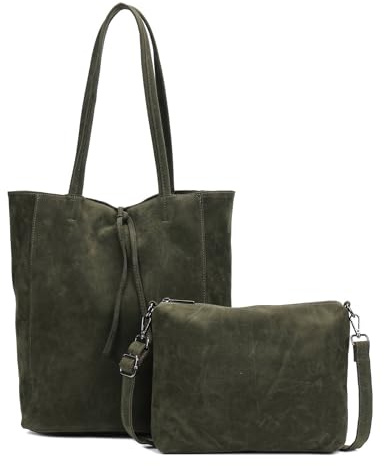 Damen Tasche Set 2in1 Shopper Handtasche Crossbody Hobo Bag Schultertasche Umhängetasche Metallic Cross-Over DIN-A4 Olivgrün.