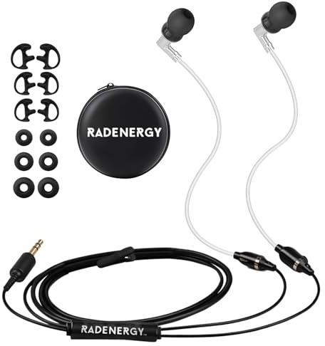 RadEnergy Airtube-Kopfhörer, EMF-freie Ohrhörer, Air Tube-Kopfhörer mit Reißverschlusstaschen, 3D-Sound, Mikrofon-Lautstärkeregler, für Arbeitstreffen, Schlaf, Fitnessstudio, hohe Audioqualität, 3,5