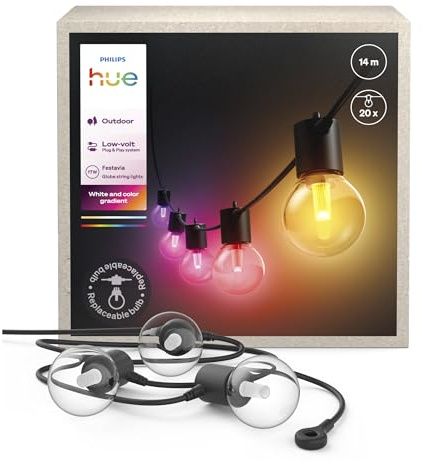 Philips Hue Festavia Globe Outdoor String Lights, White and Color Ambiance, 14 M, 20 Bulbs, Dimmable, Control with Hue App, Works with Alexa, Google Assistant, and Apple Home