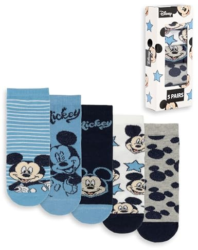 Disney Mickey Mouse Boys Calf Socks Set of 5 | Blue, Black, White, Grey | Stripes, Polkadots, Character Print | Everyday Wear | Kids Cartoon Accessories Merch