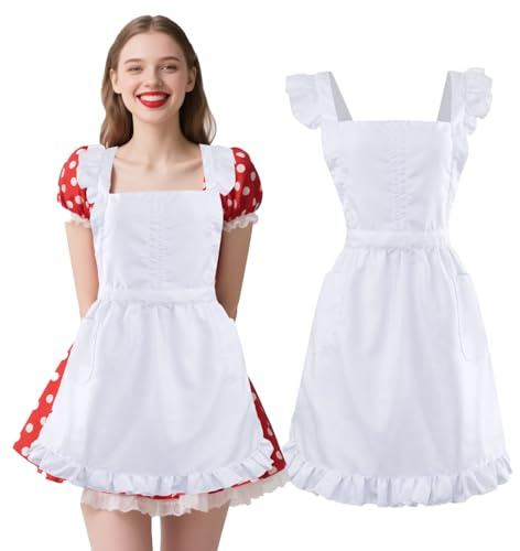 EQLEF Maid Schürzen für Frauen S und XS, klassische Vintage-Schürze für Frauen mit Tasche weiße Ruffled Französische Maid Kostüm Zubehör für Halloween Dress Up Party Karneval