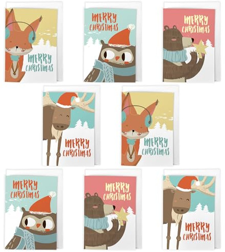 Artery8 Cute Animal Christmas Cards Set of 8 - A6 Size - Festive Winter Fox Owl Bear Reindeer