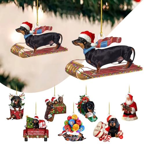8 Stück 2D Weihnachtsdackel Anhänger, Dackel Weihnachtskugeln, Christbaumschmuck Dackel für Weihnachtsbaum, Auto und Hausdekoration, Süßer Weihnachtsbaumschmuck Hund