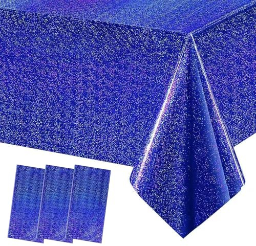 3 Stück Laser Holografisch Tischtuch Blau Rechteckige Wasserdicht Glitzer Tischdecke, 137x274cm Laser Folie Plastik Tischdecken für Party Geburtstag Hochzeit Dekoration Metallische Tischfolie