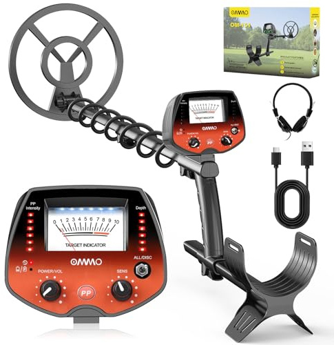 OMMO Metalldetektor Profi für Erwachsene & Kinder, Orange | USB Wiederaufladbar, Pinpointer, 3 Modi, Hochpräzision, IP68 Wasserdichte Suchspule, mit Kopfhörer