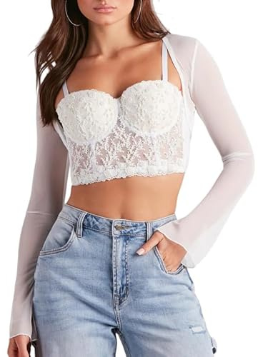 Sukiglam Women's Bolero Shrugs Flared Long Sleeve Sheer Mesh Shrug Elegant Open Front Crop Top Ladies Lightweight Cardigan Party Cover Up Casual Going Out Shrugs Perfect for Dresses Tops