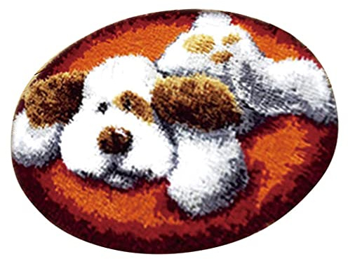 Gcljlmy Knüpfset Teppich Erwachsene, Runde Knüpfteppich zum Selberknüpfen 50cm, Teppich Latch Hook Kit und Anfänger (Hund)