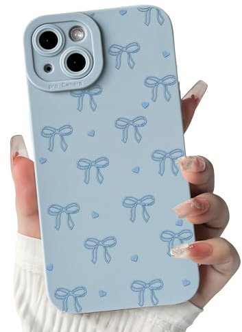 NITITOP for iPhone 13 Mini Case Cute Bow Love Heart, Blue | for Women Girls, Aesthetic Ribbon Bowknot Pattern, Color Back Soft TPU Shockproof Cover, Full Camera Protection