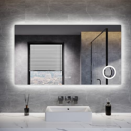 ELEGANT Bathroom Mirror with LED Lights 140x80cm, Bathroom Mirror with Shaver Socket, LED Backlit Mirrors with 3x Magnifier, Anti-Fog, 3 Colors Dimmable, Touch Sensor & Memory Function, IP44