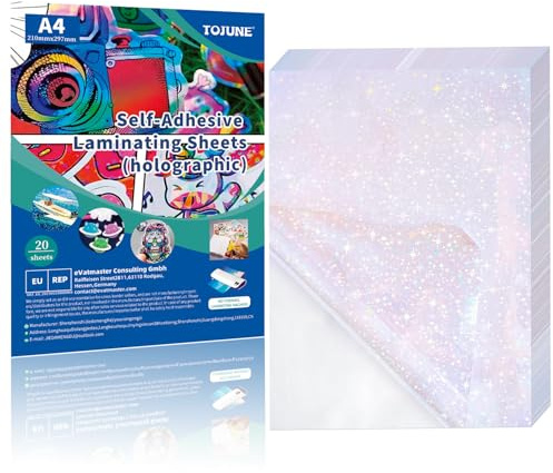 TOJUNE Holographische Selbstklebende Kaltlaminierfolie A4 (Stern) | Wasserdicht Laminierfolien 50mic, Keine Maschine, Hochwertige Laminierfolie für Bastelarbeiten, Fotos (20 Stück)
