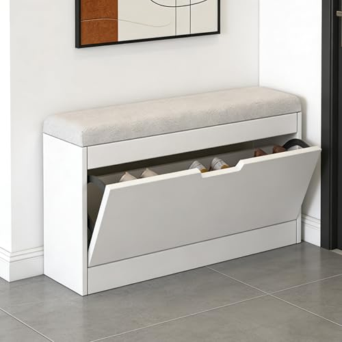 MMleYN Estrecho 17/24/30cm Banco Zapatero Blanco Pasillo Multifuncional Armario Zapateros Baúl con Puerta Abatible Estante De Pie Libre Asiento Acolchado For Entradas Dormitorios(White,50x17x46cm)