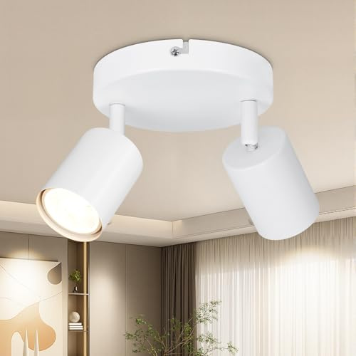 Dehobo Led Deckenstrahler 2 Flammig Weiß GU10 Küchenlampe | Rund, Metall, 350° horizontal 90° vertikal drehbar, Max 50 W, Moderne für Wohnzimmer Schlafzimmer Ohne Leuchtmittel