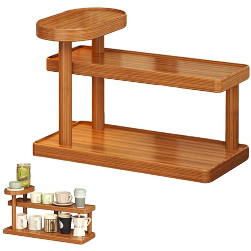 HSYTEK Holz Schreibtischregal Organizer, Tassenregal, 3-Stufiger Kaffeetassenregal, Aufbewahrungsregal für Tee, Kaffee, Bar, Zubehör, Matcha Regal, Tassen-Display, Kosmetik, Gewürz 40x23.5x15 cm
