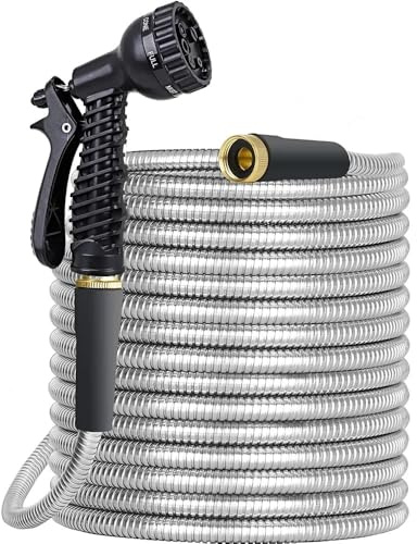 Metal Garden Hose Pipe with Spray Gun 25FT 50FT 75FT 100FT Stainless Steel Flexible Water Hose Anti Kink Heavy Duty Outdoor Hose for Car Wash Gardening (50FT)