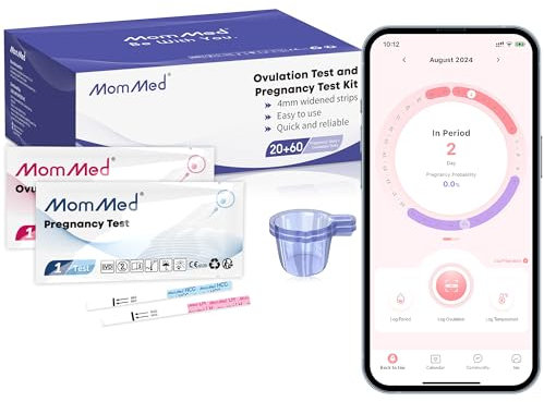 MOMMED Ovulationstest und Schwangerschaftstest, Umfasst 20 Frühschwangerschaftstest, 60 Ovulationstest, 80 Urinbecher, Zeiterfassungstabelle, schnelle und genaue Ergebnisse