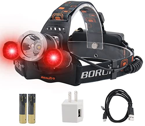 BORUIT RJ-3000 LED recargable, 3 modos de luz blanca y roja, linterna táctica de 5000 lúmenes, luz roja para correr, camping, senderismo, pesca