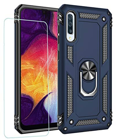 JOYTAG Hülle für Samsung A50 handyHülle+ Gehärtetes Glas Schutzfolie Silikon TPU 360 Grad Drehring aus Halter magnetisch Autotelefon case-Blau