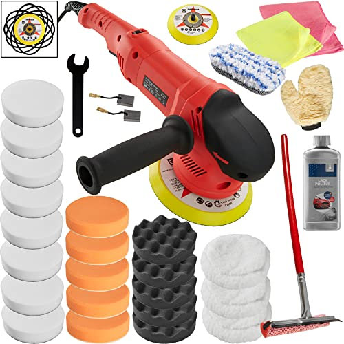 tectake 403388 Exzenter Poliermaschine + Set 4, mit GS-Zertifikat, 6 verstellbare Rotationsstufen und Softstart, Leerlaufdrehzahl 2200 – 6300 U/min, 150-mm Polierteller und Zubehör